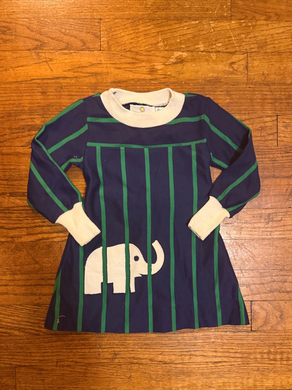 Vintage 70s Florence Eiseman Navy & Green Striped Knit Dress with White Elephant